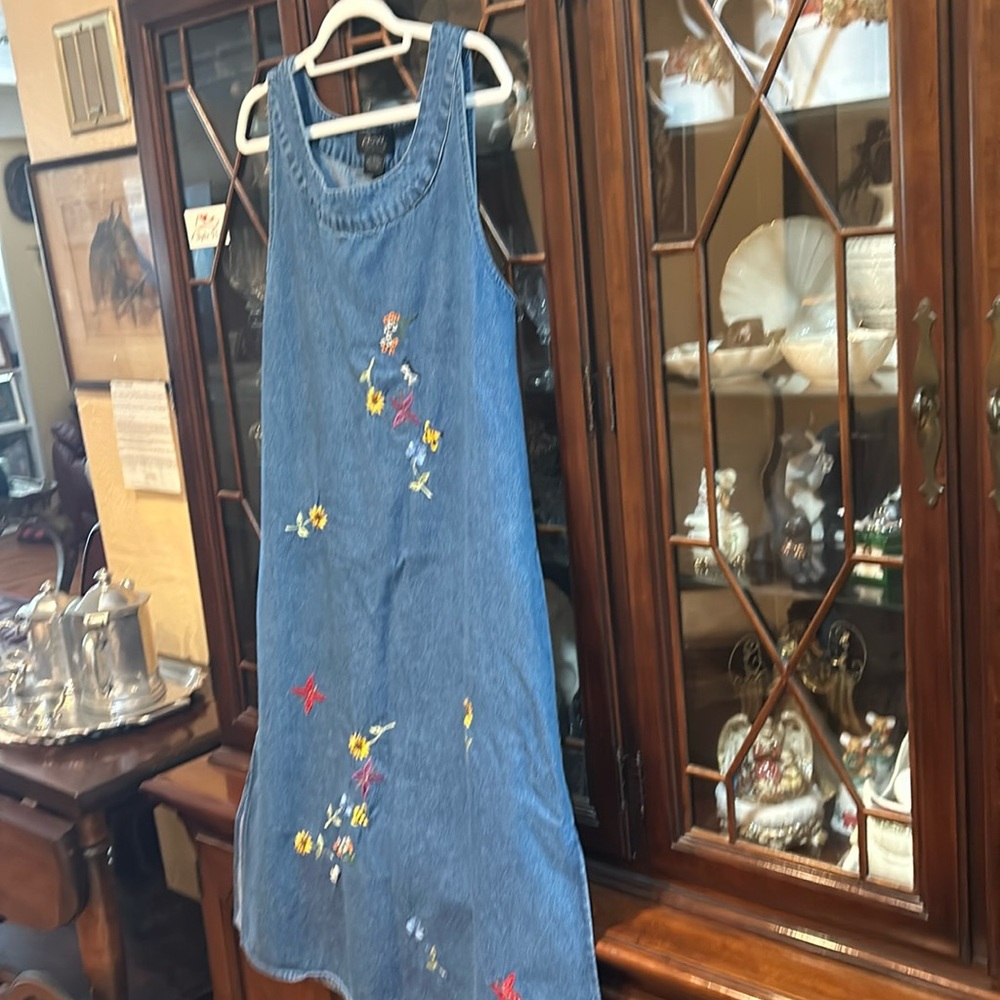 Agape Collection Jean Dress. Sleeveless. No pockets,Adorable embroidered flowers
